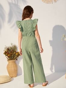 SHEIN Niñas Jumpsuit ribete con fruncido con cinturón - Verde - Ver 2