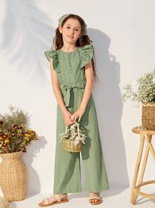 SHEIN Niñas Jumpsuit ribete con fruncido con cinturón - Verde - Ver 4