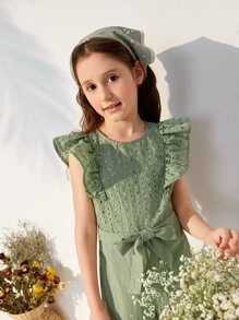 SHEIN Niñas Jumpsuit ribete con fruncido con cinturón - Verde - Ver 5
