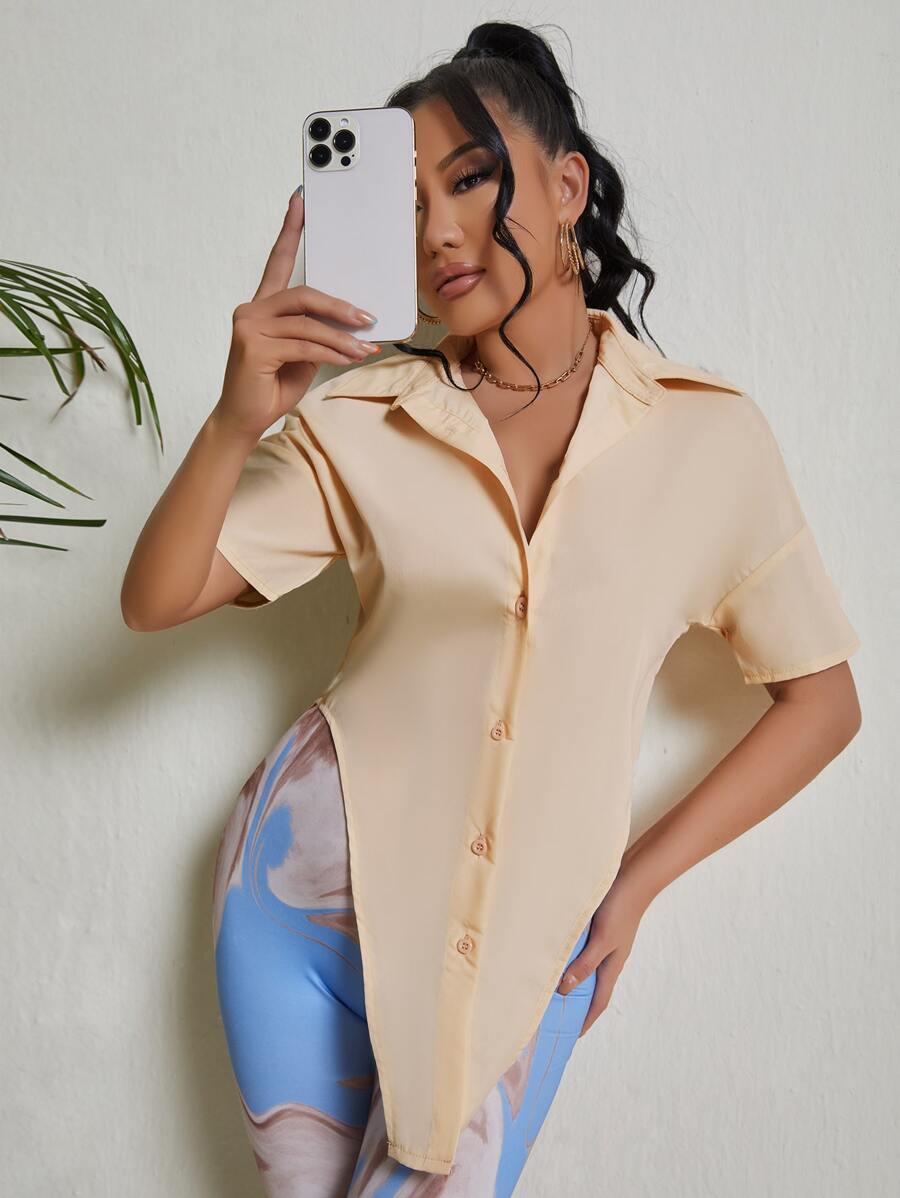 SHEIN SXY 不對稱下擺落肩袖襯衫 - 杏色 - 查看 1