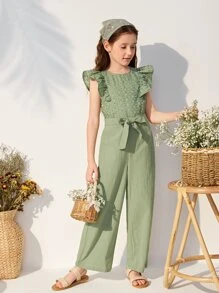 SHEIN Niñas Jumpsuit ribete con fruncido con cinturón - Verde - Ver 6