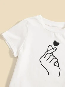 SHEIN 女童极简印花圆领短袖T恤 - 白色 - 查看 4