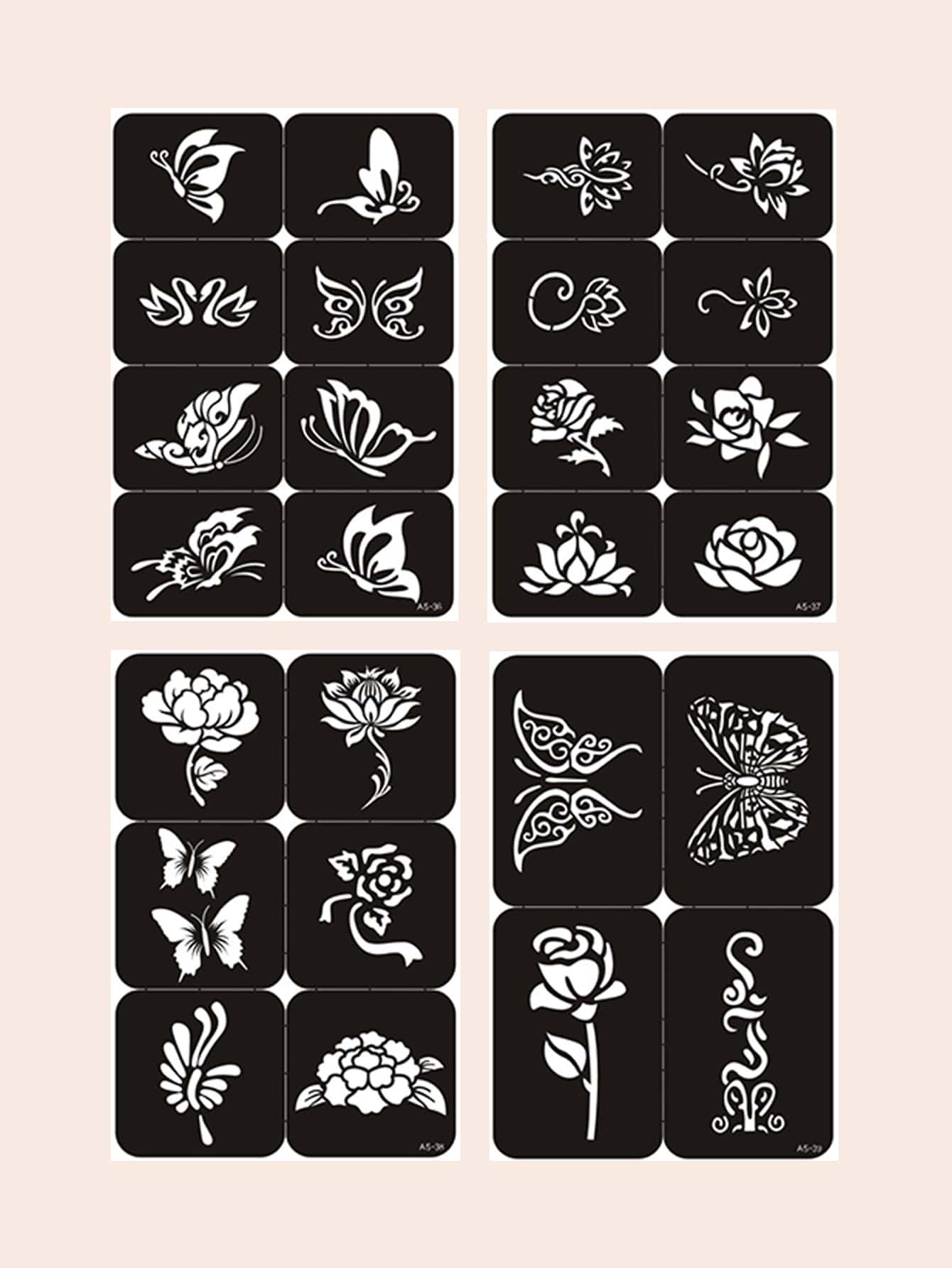 Tattoo Stencil Kit, 4Sheets Butterfly & Flower Pattern Tattoo Stencils For Women And Girls, Reusable Henna Stencils For Hand, Diy Tattooing Template, Tattoo Stickers For Face Paint Body Art - Black - View 1