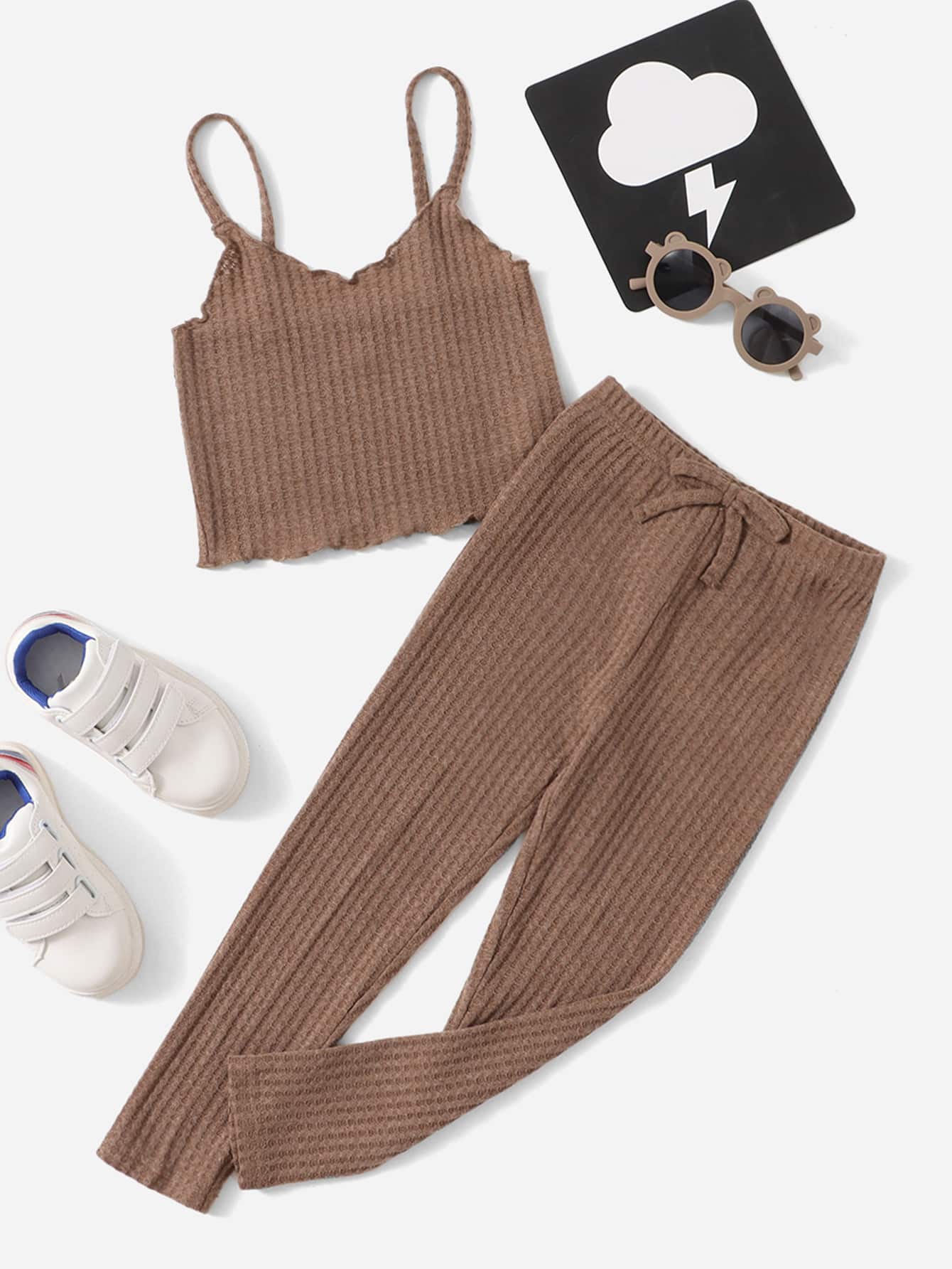 SHEIN 小女童木耳邊吊帶上衣和腰部打結緊身打底褲 - 摩卡棕 - 查看 1