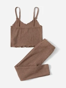 SHEIN 小女童木耳邊吊帶上衣和腰部打結緊身打底褲 - 摩卡棕 - 查看 2