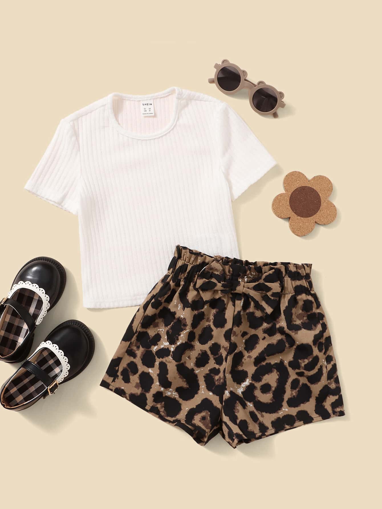 SHEIN Leap Crew Young Girl Toddler Girls Ribbed Knit Tee & Leopard Print Shorts