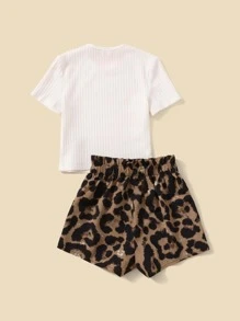 SHEIN Leap Crew Young Girl Toddler Girls Ribbed Knit Tee & Leopard Print Shorts