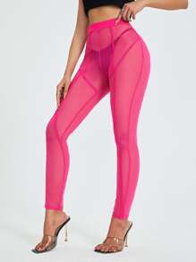 SHEIN Sheer Mesh Leggings Without Panty - Hot Pink - View 1