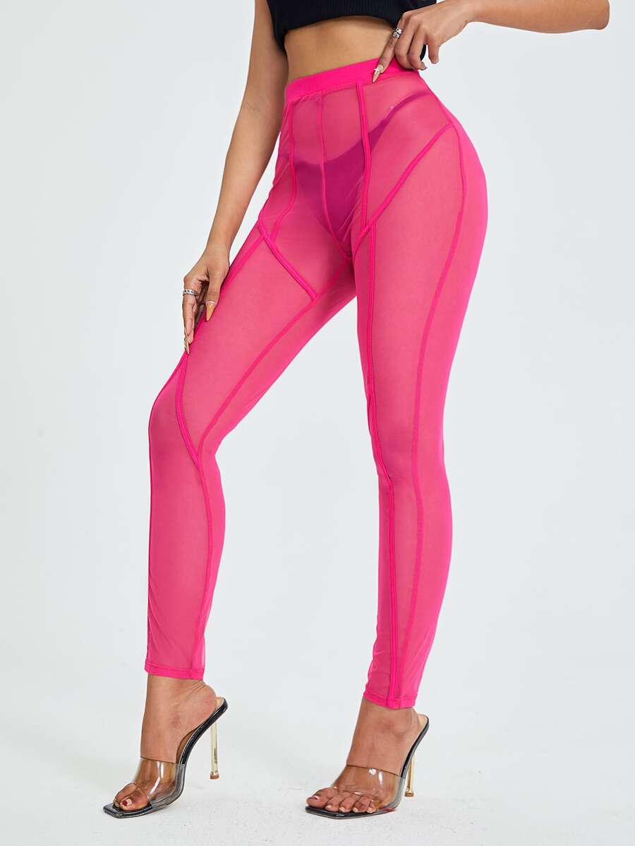 SHEIN Sheer Mesh Leggings Without Panty - Hot Pink - View 1