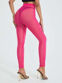 SHEIN Sheer Mesh Leggings Without Panty - Hot Pink - View 2