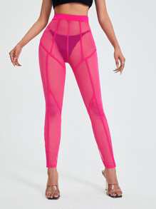 SHEIN Sheer Mesh Leggings Without Panty - Hot Pink - View 3