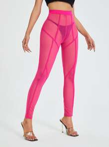 SHEIN Sheer Mesh Leggings Without Panty - Hot Pink - View 4