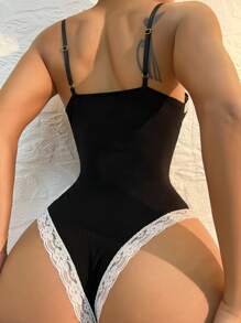 Contrast Lace Rib Teddy Bodysuit Lingerie