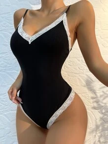 Contrast Lace Rib Teddy Bodysuit Lingerie