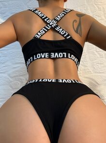 Letter Tape Rib Bra & Panty Bộ đồ lót thể thao - màu đen - Xem 2