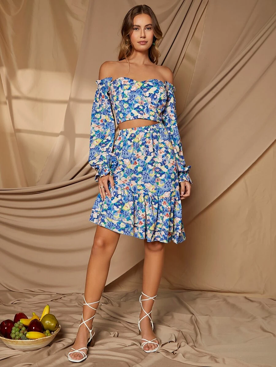 SHEIN Off Shoulder Floral Flounce Sleeve Crop Top - Multicolor - View 1