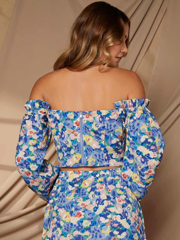 SHEIN Off Shoulder Floral Flounce Sleeve Crop Top - Multicolor - View 2
