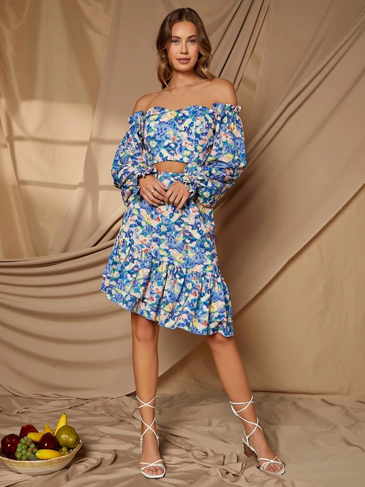 SHEIN Off Shoulder Floral Flounce Sleeve Crop Top - Multicolor - View 6