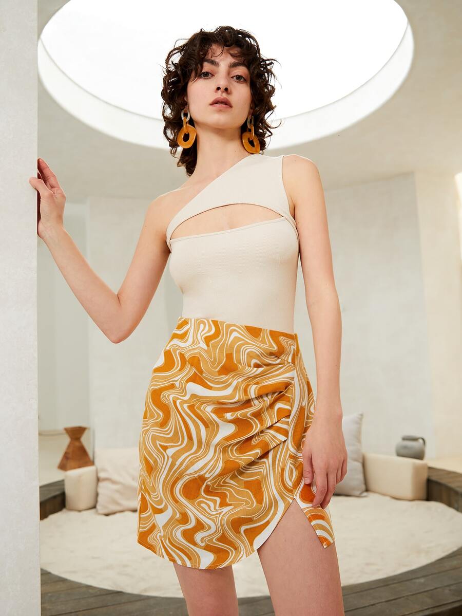 SHEIN Unity Falda fruncido con estampado de mármol - Multicolor - Ver 1