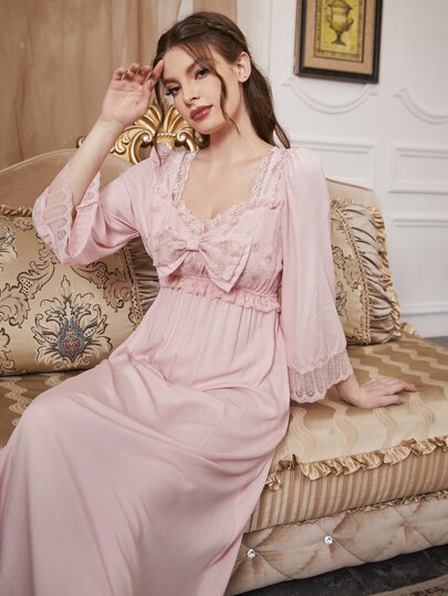 Big Bow Lace Detail Pajama Sleep Dress Long Dress Luxe Loungewear, Fall