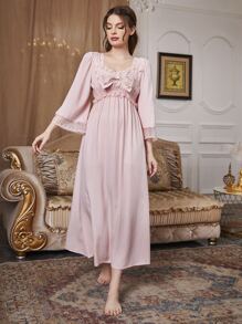 大蝴蝶结蕾丝细节睡衣长裙奢华家居服，秋季