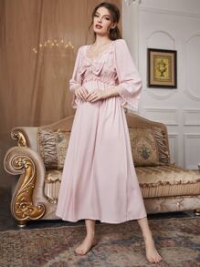 大蝴蝶结蕾丝细节睡衣长裙奢华家居服，秋季