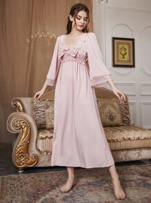 大蝴蝶结蕾丝细节睡衣长裙奢华家居服，秋季