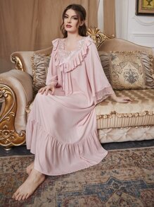 Contrast Lace Long Sleeve Ruffle Hem Pajama Night Dress Luxe Loungewear, Moo Moo Cozy And Elegant Details, Fall - Baby Pink - View 3