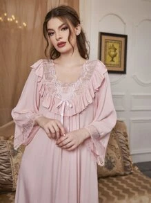Contrast Lace Long Sleeve Ruffle Hem Pajama Night Dress Luxe Loungewear, Moo Moo Cozy And Elegant Details, Fall - Baby Pink - View 1