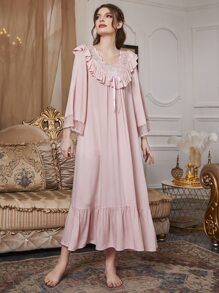 Contrast Lace Long Sleeve Ruffle Hem Pajama Night Dress Luxe Loungewear, Moo Moo Cozy And Elegant Details, Fall - Baby Pink - View 5