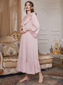 Contrast Lace Long Sleeve Ruffle Hem Pajama Night Dress Luxe Loungewear, Moo Moo Cozy And Elegant Details, Fall - Baby Pink - View 6