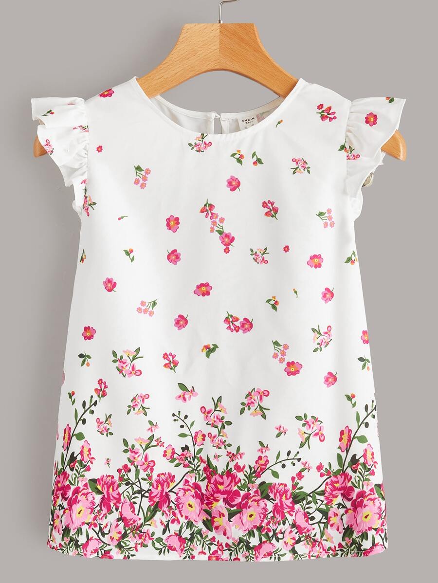 SHEIN Teen Girl Casual Woven Floral Print Flutter Sleeve Shirt, Perfect For Summer - Multicolor - View 1