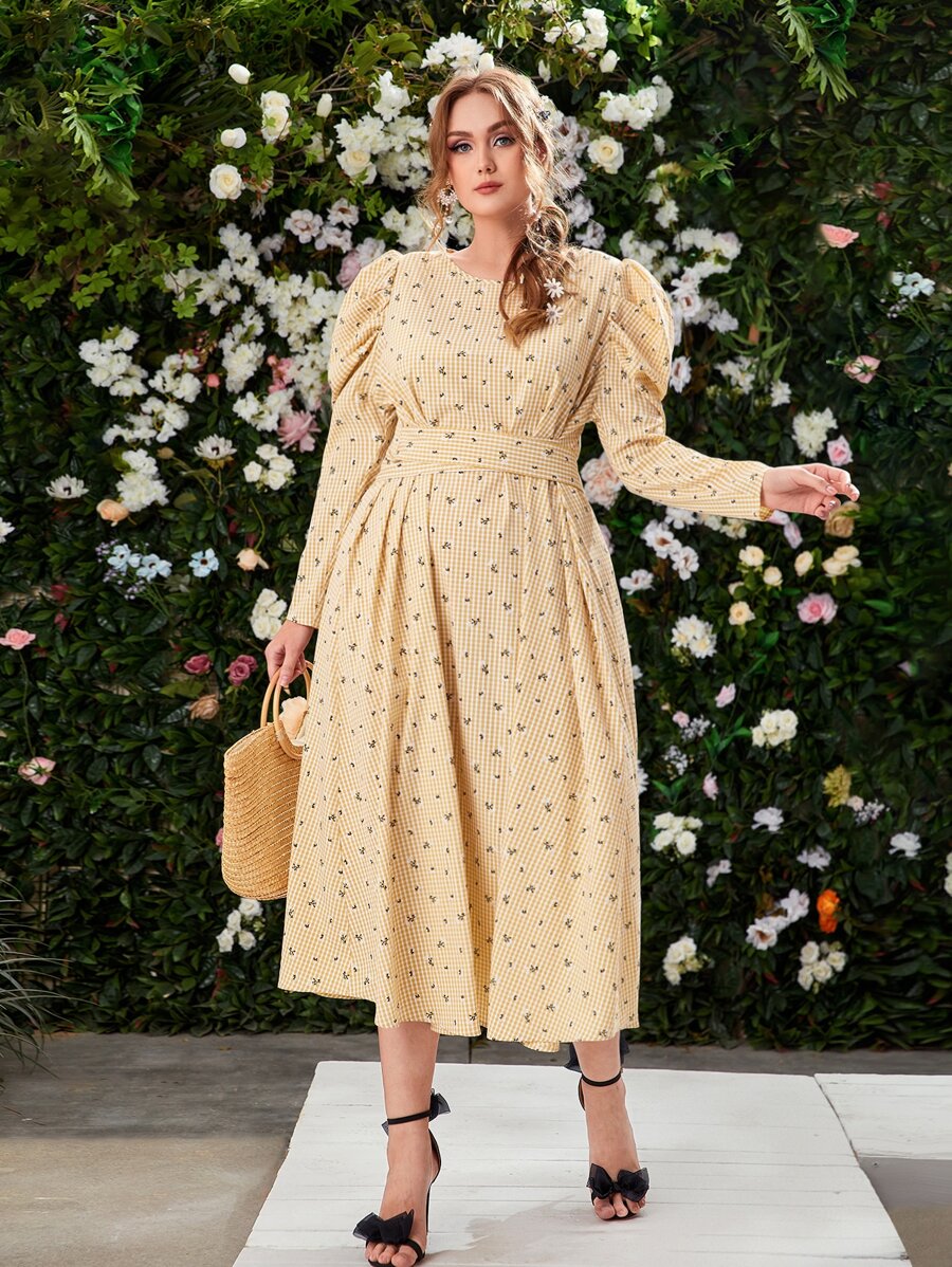 SHEIN 大碼雛菊印花後綁帶雙色格子連衣裙 - 彩色 - 查看 1