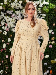 SHEIN 大碼雛菊印花後綁帶雙色格子連衣裙 - 彩色 - 查看 4
