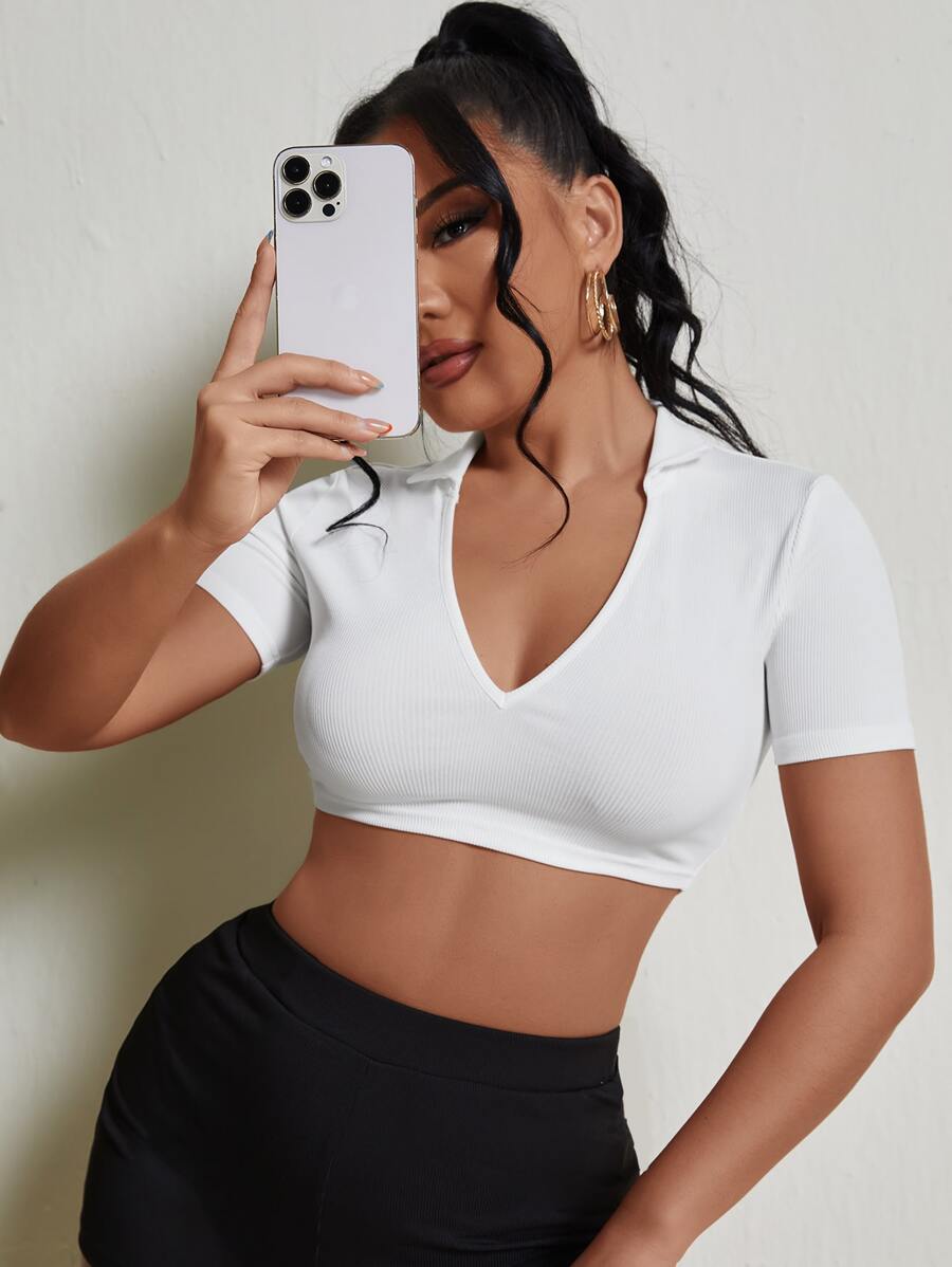 SHEIN SXY Camiseta corta unicolor tejida de canalé de cuello V profundo - Blanco - Ver 1