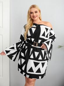 SHEIN VCAY Plus Allover Geo Graphic Asymmetrical Neck Flounce Sleeve Dress - Black and White - View 1