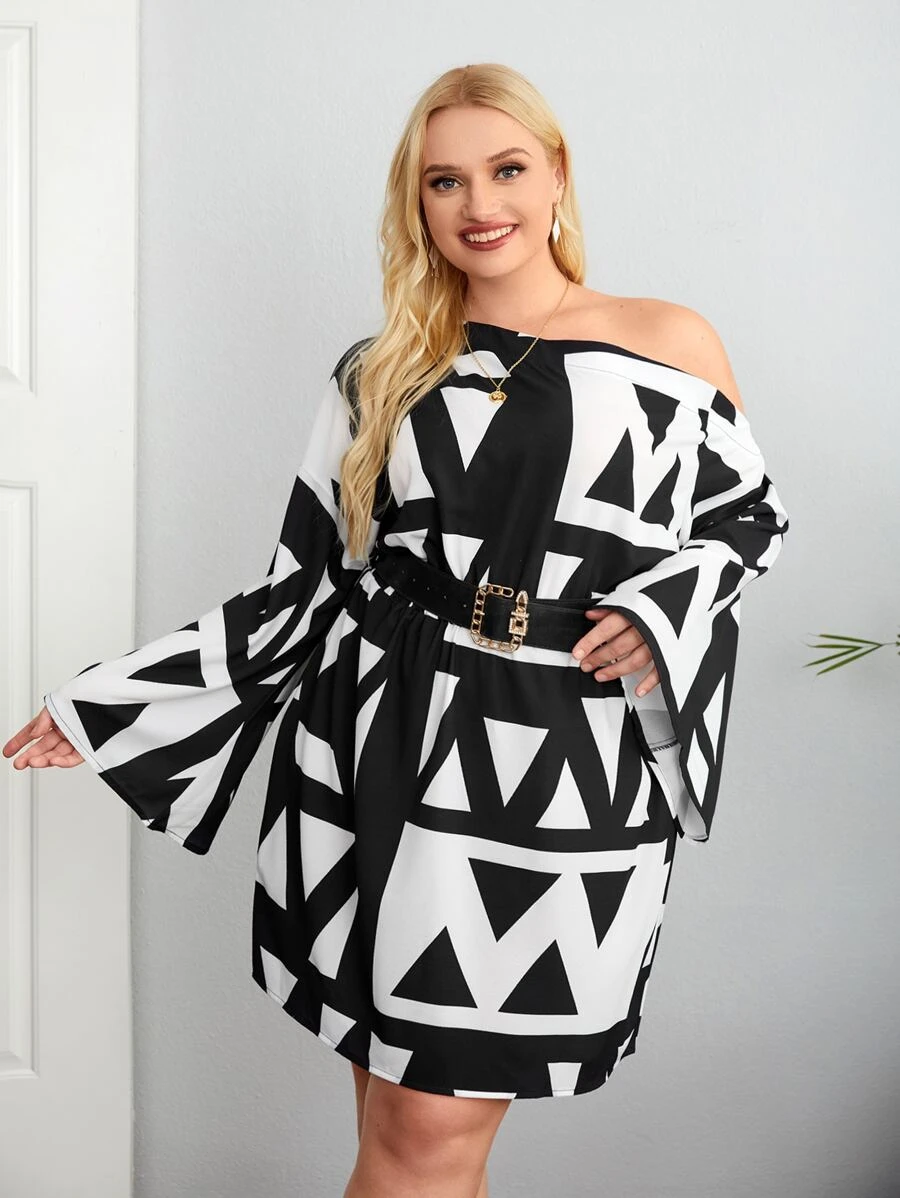 SHEIN VCAY Plus Allover Geo Graphic Asymmetrical Neck Flounce Sleeve Dress - Black and White - View 1