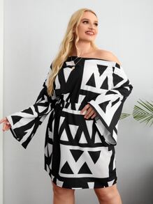 SHEIN VCAY Plus Allover Geo Graphic Asymmetrical Neck Flounce Sleeve Dress - Black and White - View 3
