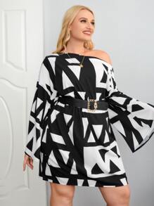 SHEIN VCAY Plus Allover Geo Graphic Asymmetrical Neck Flounce Sleeve Dress - Black and White - View 5