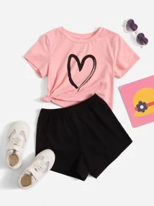 SHEIN Leap Crew Young Girl Heart Print Top & Shorts Set - Baby Pink - View 1