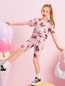 SHEIN Girls Butterfly Print Tee & Cycling Shorts Set - Multicolor - View 4