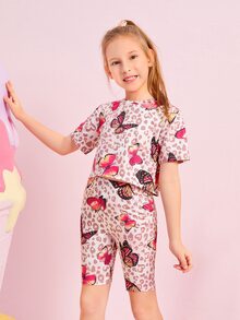 SHEIN Girls Butterfly Print Tee & Cycling Shorts Set - Multicolor - View 5