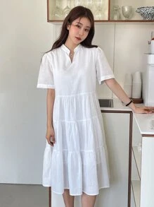 DAZY Solid Notched Neck Ruffle Hem Dress Sundress - White - View 6