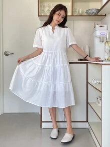 DAZY Solid Notched Neck Ruffle Hem Dress Sundress - White - View 5