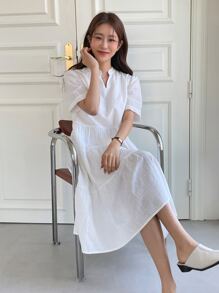 DAZY Solid Notched Neck Ruffle Hem Dress Sundress - White - View 4