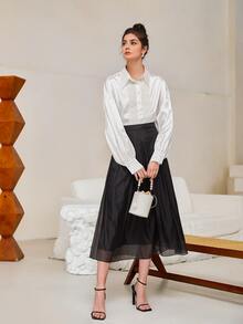 Modelyn 落肩袖蕾絲細節緞面襯衫 - 白色 - 查看 3