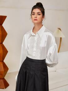 Modelyn 落肩袖蕾絲細節緞面襯衫 - 白色 - 查看 4