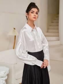 Modelyn 落肩袖蕾絲細節緞面襯衫 - 白色 - 查看 6