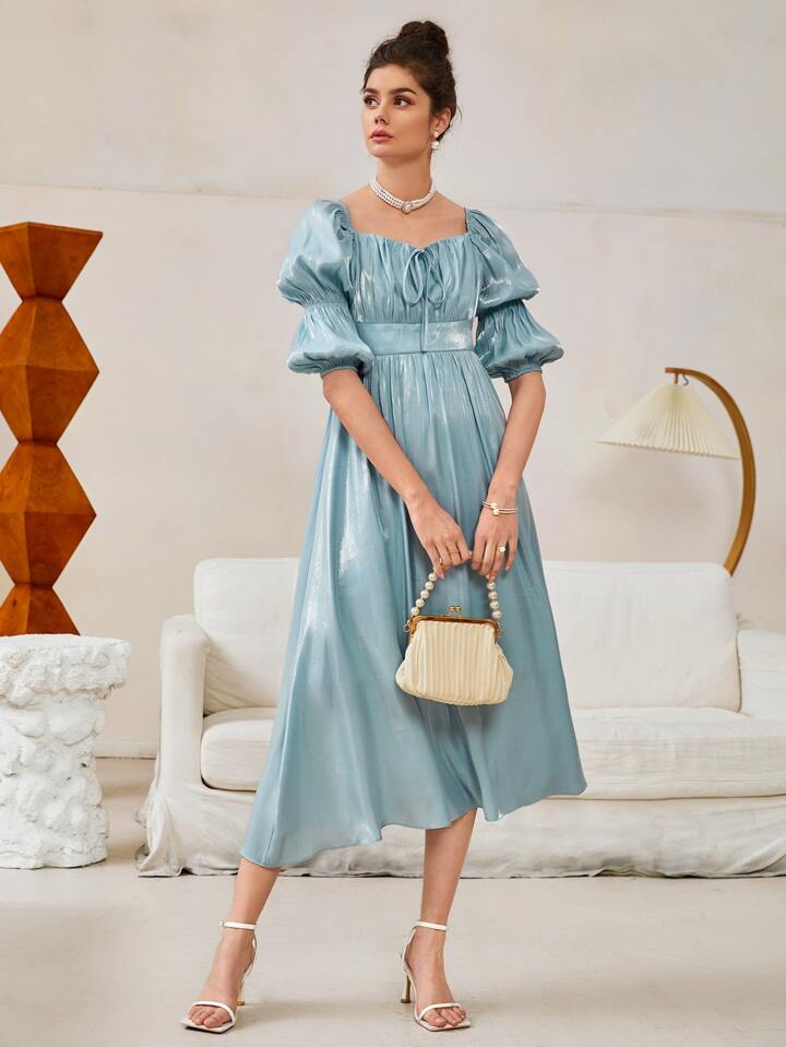 Mulvari Sweetheart Neck Gathered Sleeve Dress | SHEIN USA