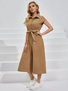 SHEIN Wide Leg Belted Jumpsuit - Camel - View 3